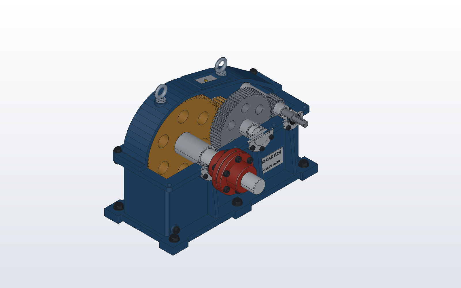 A two-stage helical speed reducer, its cover cut away to show the gear train