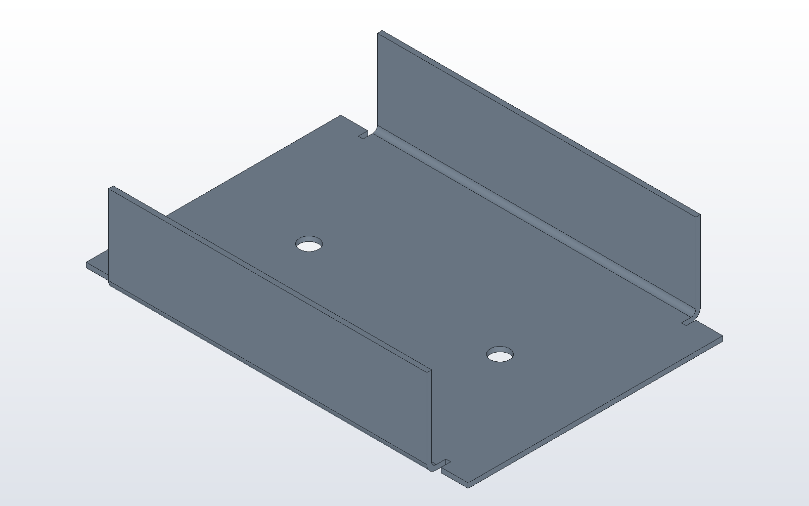A sheet metal tray with two relieved flanges and two holes in its base