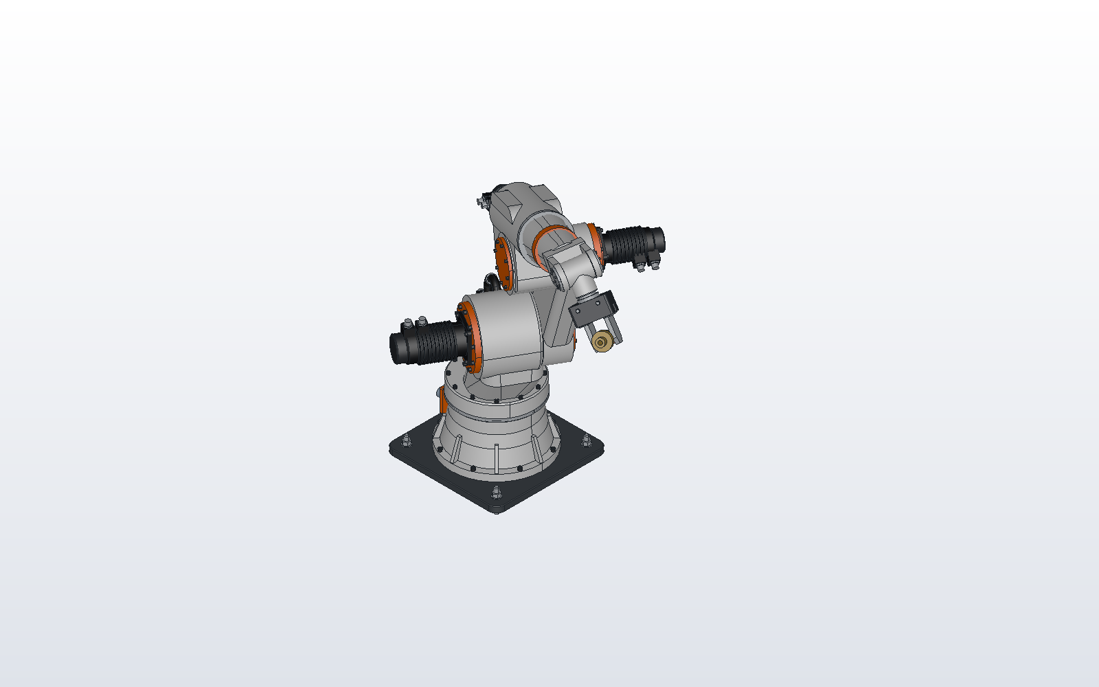 A six-axis industrial robot arm in a working pose, with a parallel gripper