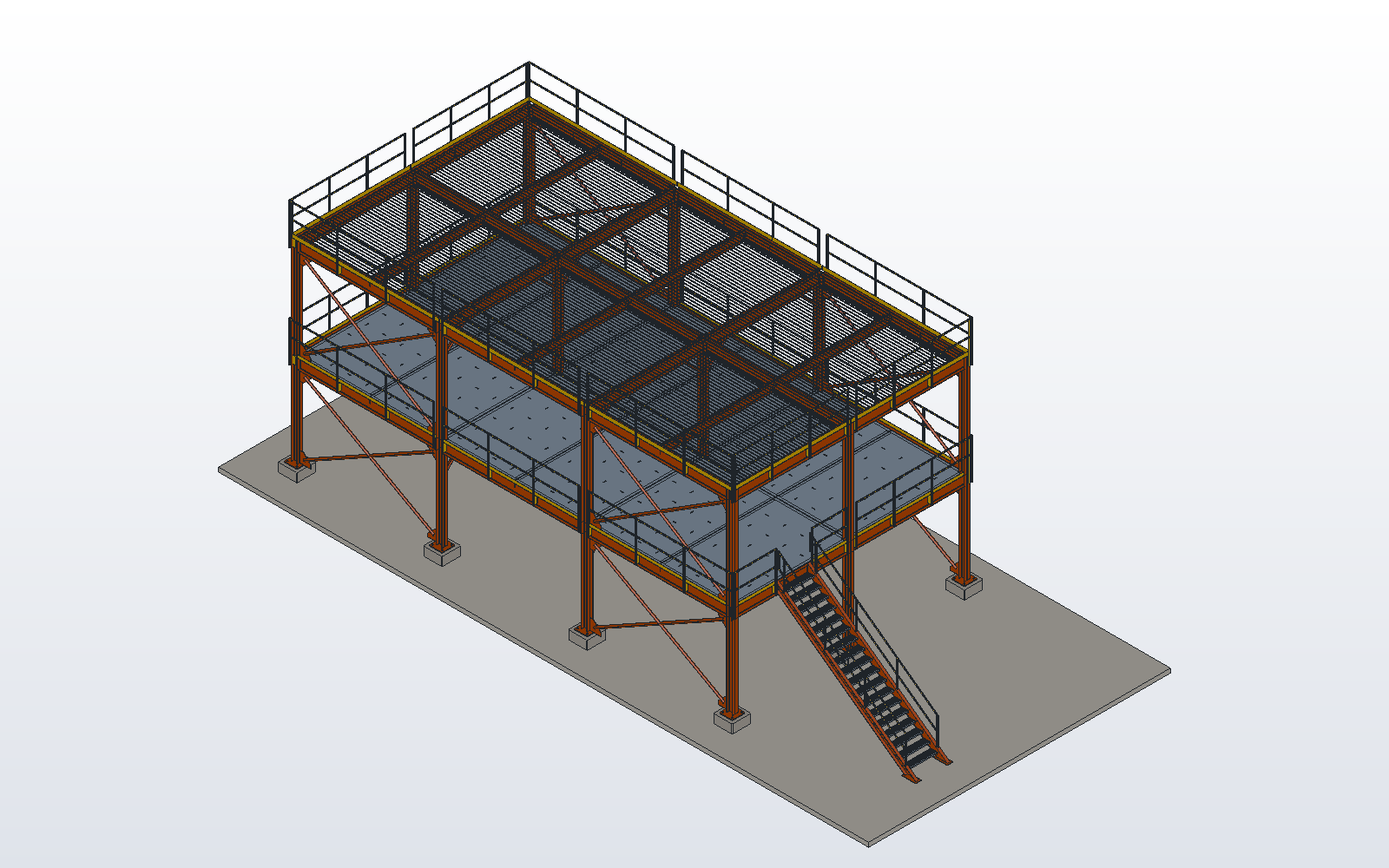 A two-level industrial steel platform, 3 x 2 bays