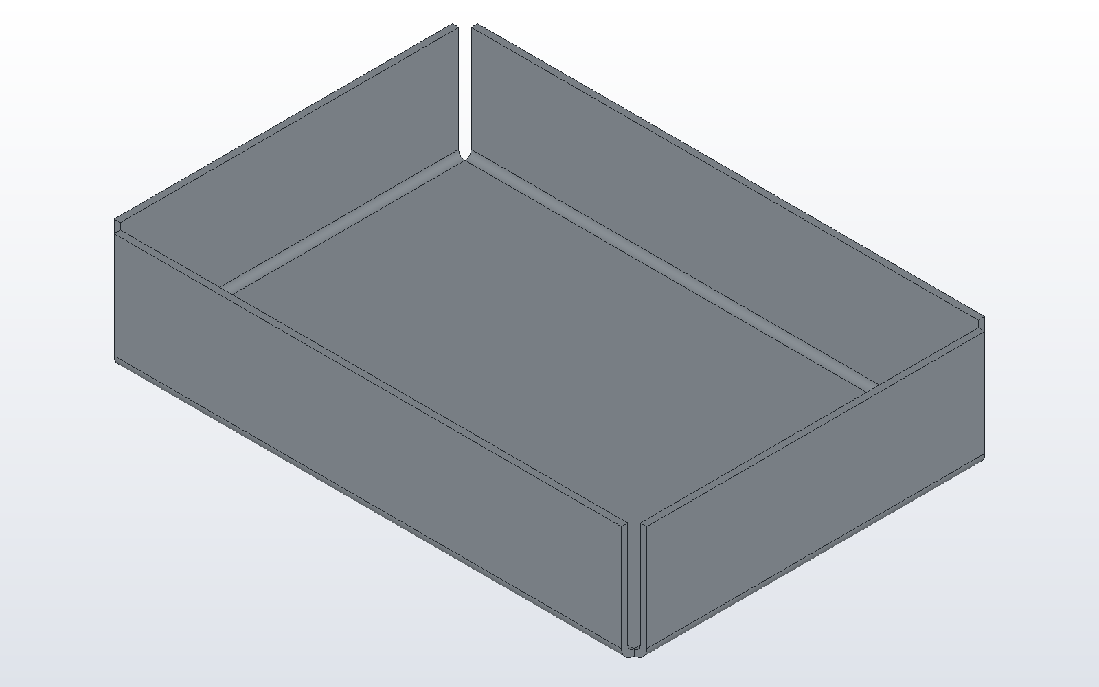 A sheet metal tray, a flange bent up on each edge of its base